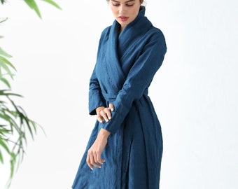 Accappatoio di lino da donna, abbigliamento da casa in lino, veste di lino naturale, abbigliamento per la casa Blu navy, abito di lino, mantello di lino, giacca di lino, pigiama abito