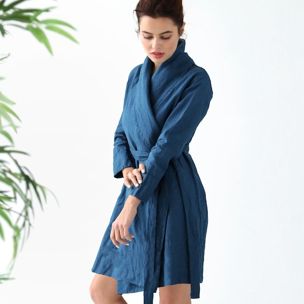 Peignoir en lin pour femme, Vêtements de détente en lin, Peignoir en lin naturel, Tenue d'intérieur Bleu marine, Robe en lin, Cape en lin, Veste en lin, Robe de nuit