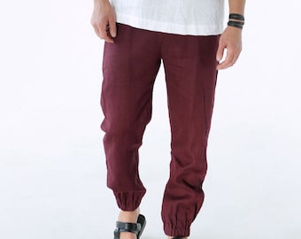 Pantalons en lin pour hommes, Pantalons de détente, Pantalons pour hommes, Pantalons bordeaux pour homme, Pantalons de yoga, Pantalons d'été, Vêtements en lin naturel