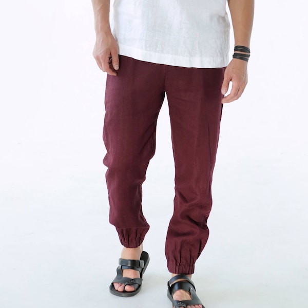 Mens linen pants, Lounge pants, Pants for men, Burgundy trousers for man, Yoga pants, Summer pants, Natural linen clothes