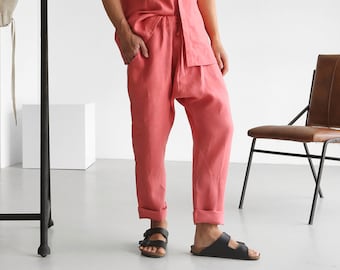 Peach mens linen pants, Lounge pants, Linen joggers, Mens trousers, Summer pants, Yoga pants, Sustainable fashion