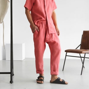 Peach mens linen pants, Lounge pants, Linen joggers, Mens trousers, Summer pants, Yoga pants, Sustainable fashion