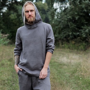 Mens linen hoodie, Summer hoodie, Sweatshirt, Shirt for men, Tracksuit Gray shirt, Flax t-shirt, Gift for him, Beach shirt, Linen style