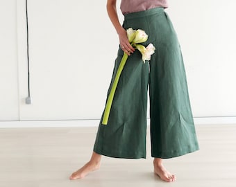 Culottes linen pants, Linen trousers, Natural flax pants, capri pants, loose linen pants for woman, jogger, wide pants, green  trousers