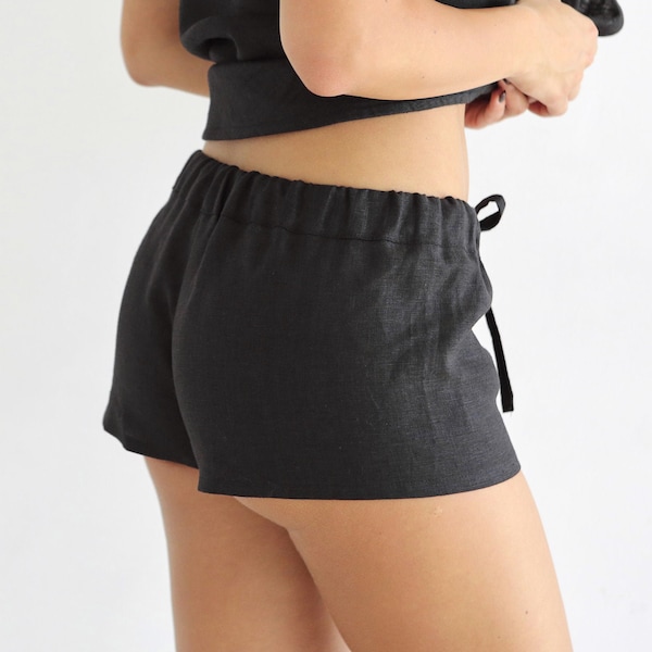 Linen shorts women, Flax shorts, Pajama shorts, Gift for her, Black sexy shorts, Mini shorts linen set, loungewear