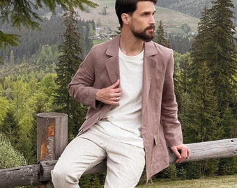 Linen mens jacket, Men's flax Blazer, Latte cardigan for men, Linen cardigan, Jacket for man,  Linen coat, Wedding jacket, Gift for him,