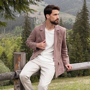 Linen mens jacket, Men's flax Blazer, Latte cardigan for men, Linen cardigan, Jacket for man,  Linen coat, Wedding jacket, Gift for him,