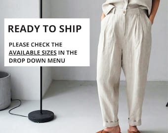 Pantalones de lino con pinzas para mujer, Joggers de lino, Pantalones de mujer, Pantalones holgados, Pantalones anchos - stock