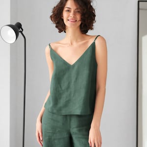 Linen v-neck tank top, Strap linen top, Simple minimal top, Natural linen top, Green sleeveless top