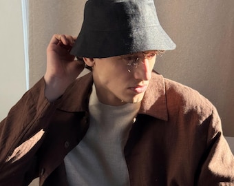 Men's linen bucket hat, Black bucket hat, Natural fabric hat