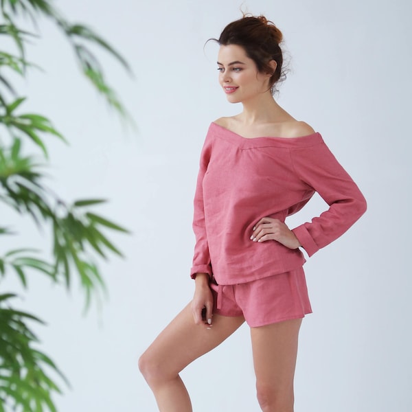 Sleepwear lingerie, Linen loungewear, Women's sleepwear, Linen top and shorts, Linen sleepwear, Gift for her, Sexy natural linen pajama