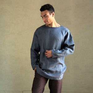 Mens linen oversize sweatshirt, Designer linen clothes, Shirt for men, Mans relax shirt, Gray shirt, Beach linen shirt, Linen loungewear