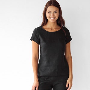 Haut en lin pour femme, haut en lin d'été, t-shirt bio, chemisier, t-shirt femme en lin, pyjama naturel, cadeau pour elle, chemise en lin, t-shirt noir image 1