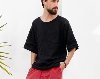 Mens linen t-shirt, Oversize t-shirt, Wide sleeve t-shirt, Shirt for men, Relaxed Mens Black t-shirt Gift for him, Beach linen shirt