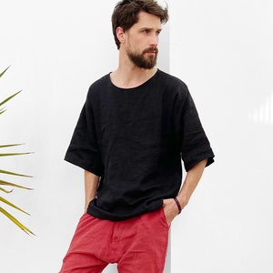 Mens linen t-shirt, Oversize t-shirt, Wide sleeve t-shirt, Shirt for men, Relaxed Mens Black t-shirt Gift for him, Beach linen shirt