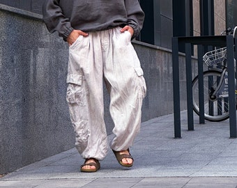 Harem linen pants for men, Lounge pants, Beige linen trousers, Natural flax trousers, Spring  Summer trousers