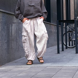 Harem linen pants for men, Lounge pants, Beige linen trousers, Natural flax trousers, Spring  Summer trousers