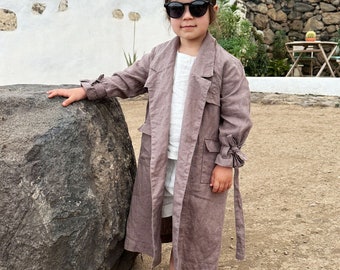 Linen Trench Coat for Girls - 100% Linen - Natural Kids Wear - Summer Linen Girls' Trench by Black Ficus