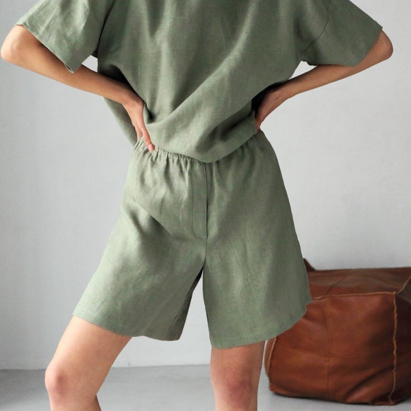 Wide linen shorts women, Flax shorts, Pajama shorts, Gift for her, Olive shorts, Long shorts linen