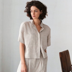 Womens linen top with buttons, Oversized shirt, Cropped top