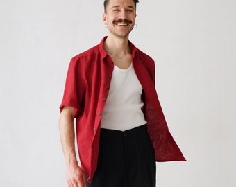 Mens linen shirt wide sleeve, Shirt for men, Dress shirt, Red shirt, Gift for him