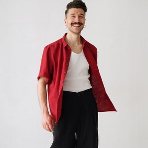 Mens linen shirt wide sleeve, Shirt for men, Dress shirt, Red shirt, Gift for him