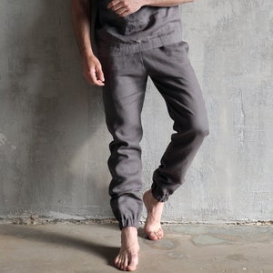 Mens Linen Pants, Lounge Pants, Drawstring Pants, Gray Linen Trousers,  Beach Pants, Pajama Pants, Yoga Pants, Sustainable Brand 