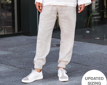 Linen Pants For Men MOUNTAIN ASH in Beige, Jogger Pants, Drawstring Waist, Elastic Cuffs