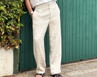 Men’s Linen Pants AVENS in Beige | Relaxed Straight Linen Trousers