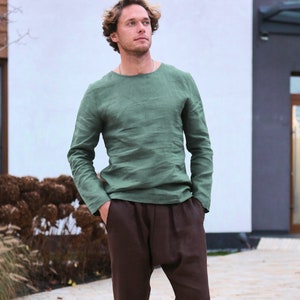 Mens linen t-shirt, Long sleeve, Shirt for men, Mans relax shirt, Simple shirt, Green shirt, Beach linen shirt, Flax shirt, Gift for him