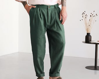 Men’s Linen Pants with Pleats CEDAR in Green | Relaxed Fit Linen Trousers Men, High-waist Summer Pants