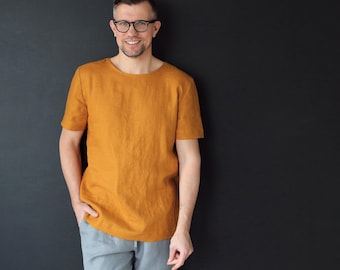 Mens linen t-shirt Basic t-shirt Shirt for men Stylish t-shirt Saffron t-shirt Flax shirt Beach t-shirt Summer shirt