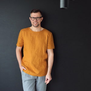 Mens linen t-shirt Basic t-shirt Shirt for men Stylish t-shirt Saffron t-shirt Flax shirt Beach t-shirt Summer shirt