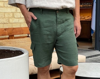 Mens linen shorts with side pockets, Cargo linen shorts, Shorts for men, Summer shorts, Green color shorts, Flax shorts