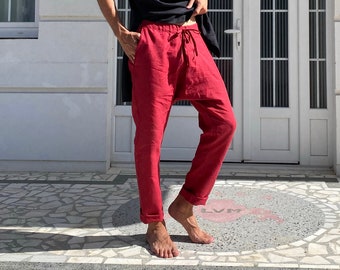 Natürliche Herren-Leinenhose, rote Hose, Lounge-Hose, Leinen-Jogginghose, Herrenhose, Flachshose, Sommerhose, Yoga-Hose, nachhaltige Mode