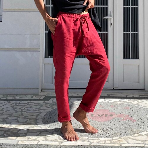 Natural Mens Linen Pants Red Pants 