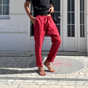 Natural mens linen pants, Red pants, Lounge pants, Linen joggers, Mens trousers, flax pants, Summer pants, Yoga pants, Sustainable fashion