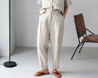 Womens linen pants with pleats, Linen joggers, Women trousers, Loose fit pants, Baggy pants