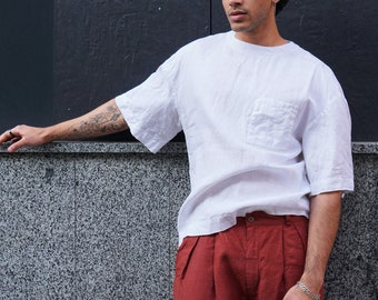 Mens linen t-shirt, Oversize t-shirt, Wide sleeve t-shirt, Shirt for men, Relaxed Mens t-shirt Gift for him, Beach linen shirt