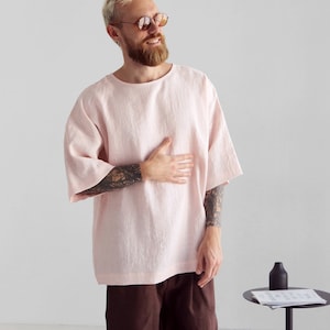 Mens linen t-shirt, Oversize t-shirt, Wide sleeve t-shirt, Shirt for men, Relaxed Mens Light Pink t-shirt Gift for him, Beach linen shirt