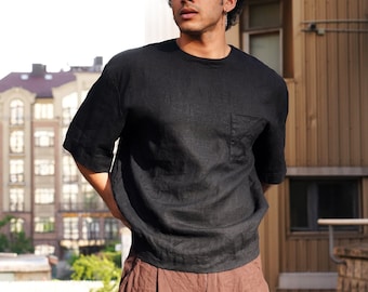 Mens linen t-shirt, Oversized black t-shirt, Wide sleeve t-shirt, Shirt for men, Relaxed Mens t-shirt Gift for him, Beach linen shirt