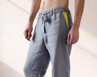 Men’s Linen Jogger Pants with Elastic Cuffs MOUNTAIN ASH — Light Grey with Yellow Pockets, Drawstring Waist