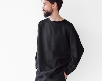 Mens linen oversize sweatshirt, Black sweatshirt, Shirt for men, Mans relax shirt, Black shirt, Beach linen shirt, Linen loungewear