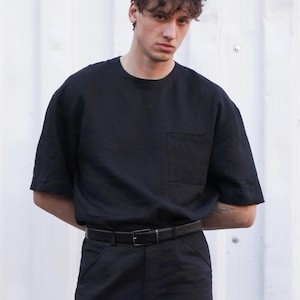 Mens linen t-shirt, Oversized black t-shirt, Wide sleeve t-shirt, Shirt for men, Relaxed Mens t-shirt Gift for him, Beach linen shirt