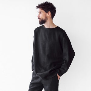 Mens linen oversize sweatshirt, Black sweatshirt, Shirt for men, Mans relax shirt, Black shirt, Beach linen shirt, Linen loungewear zdjęcie 1