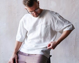Mens linen t-shirt, Oversize t-shirt, Wide sleeve t-shirt, Shirt for men, Relaxed Mens cream-colored t-shirt Gift for him, Beach linen shirt