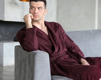 Linen bathrobe, Mens linen bathrobe, Burgundy spa robe, Dressing gown men, Natural bathrobe, Housecoat, Mens robe, Flax robe, Linen gown