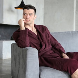 Linen bathrobe, Mens linen bathrobe, Burgundy spa robe, Dressing gown men, Natural bathrobe, Housecoat, Mens robe, Flax robe, Linen gown image 1