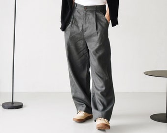 Wide mens linen palazzo pants with pleats, High-waist wide linen joggers, Mens trousers, Loose fit pants, Baggy pants