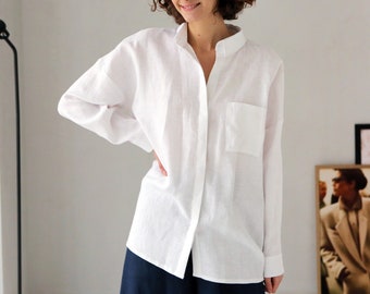 Womens oversized linen shirt, Wide sleeve shirt, Dress shirt, White color shirt, Loose linen shirt